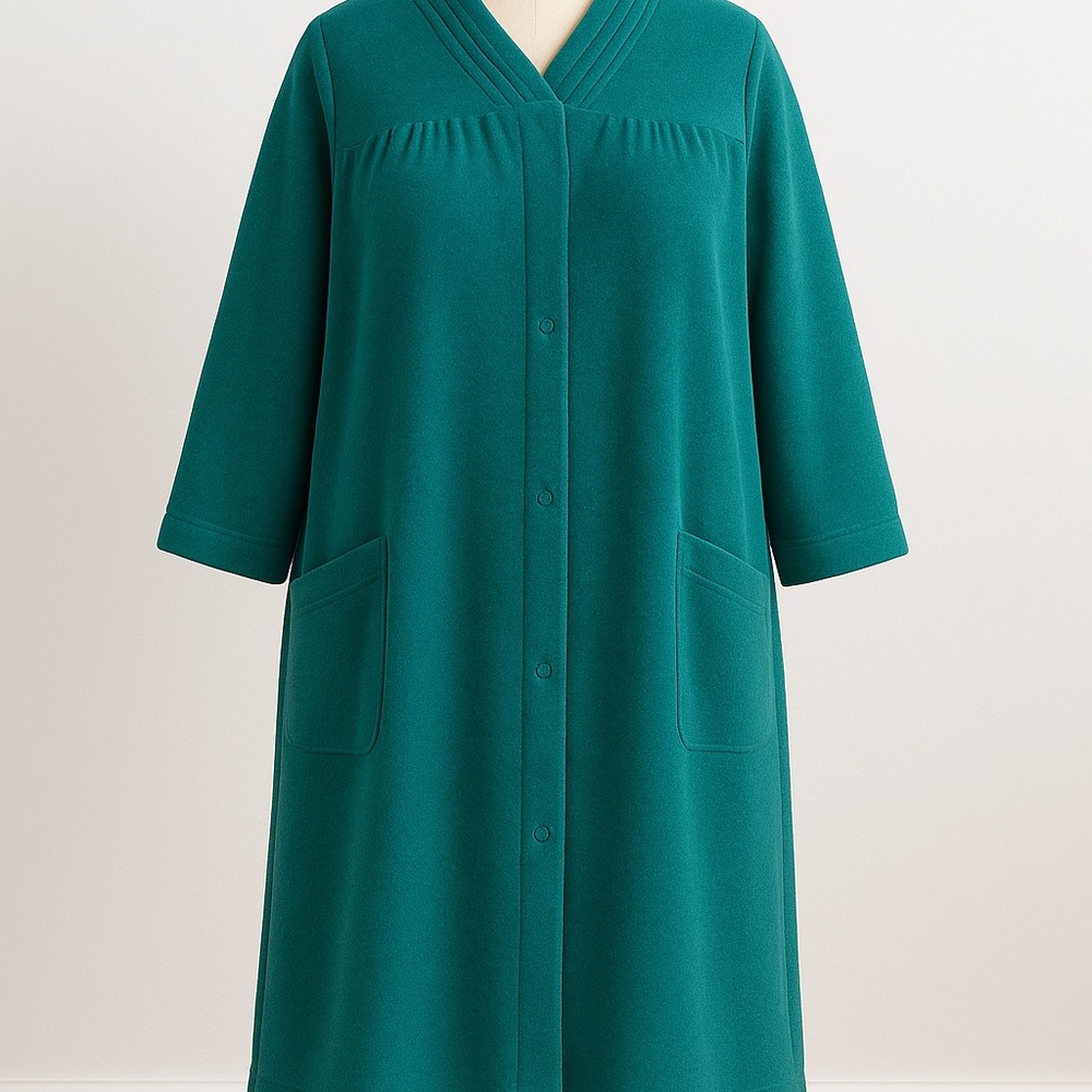 Vintage Vanity Fair Teal Brushed Fleece Robe XXL • 1980s • Snap Front • Pockets - Picture 2 of 6